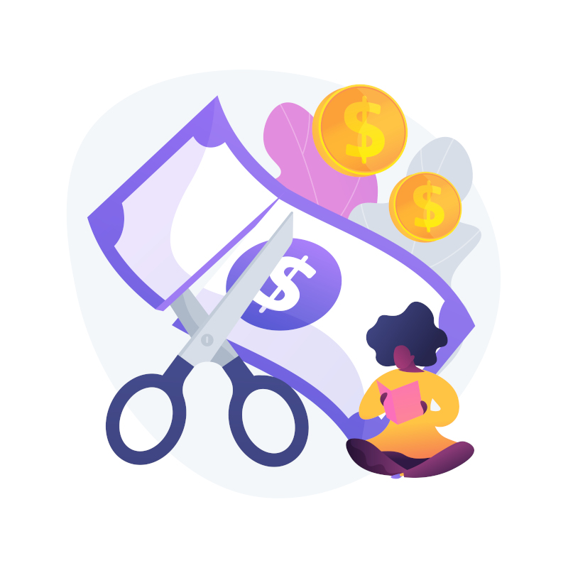 Cut price vector concept metaphor Cut price. Bargain offering. Reduced cost. Discount, low rate, special promo. Scissors dividing banknote. Crisis and bankruptcy. Cheapness in market. Vector isolated concept metaphor illustration.